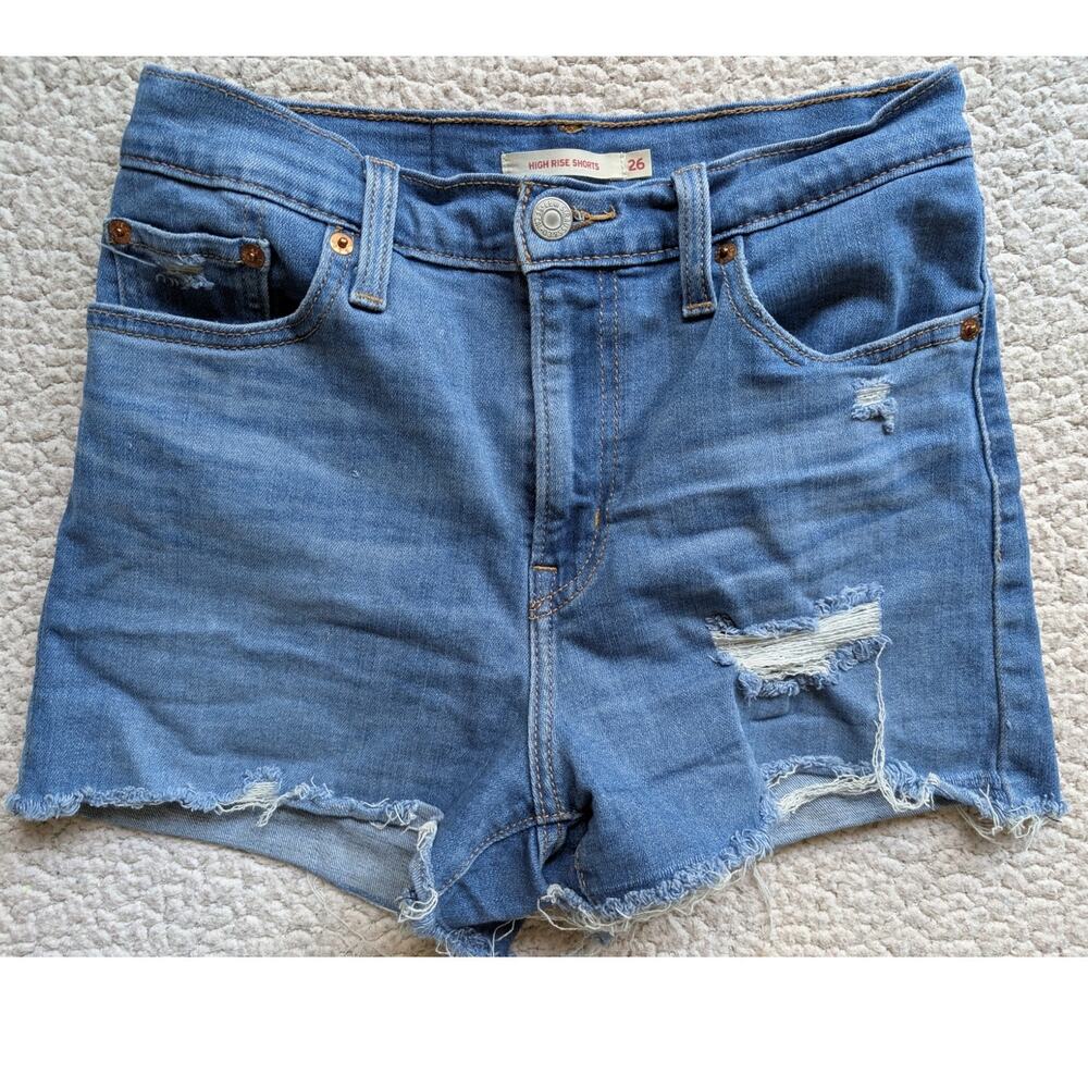 Levis Medium Blue Distressed High Rise Denim Shorts 26